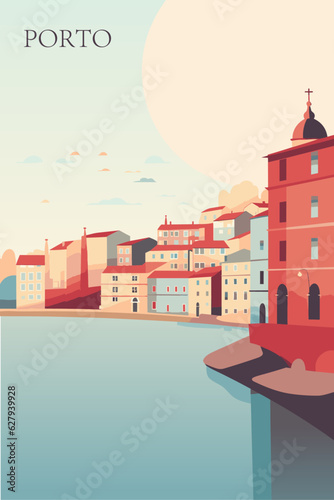 Portugal Lisbon city retro poster with abstract shapes of landmarks, coastline, skyline. Vintage travel vector Portuguese cityscape waterfront illustration