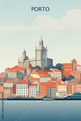 Portugal Lisbon city retro poster with abstract shapes of landmarks, coastline, skyline. Vintage travel vector Portuguese cityscape waterfront illustration