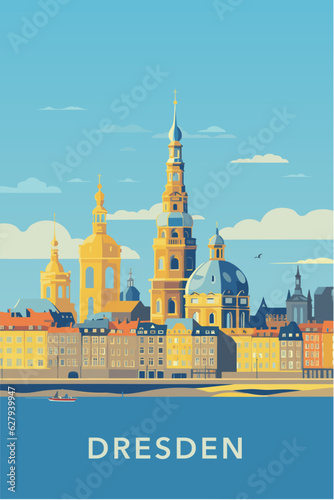 Germany Dresden retro city poster with abstract shapes of landmarks, skyline and monuments. Vintage travel vector illustration of European Saxony region cityscape