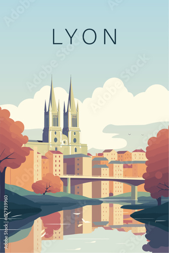 France Lyon retro city poster with abstract shapes of skyline, landmarks and cathedral. Vintage cityscape travel vector illustration of Rhône-Alpes region