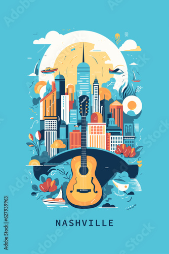 USA United States of America Nashville city vintage poster with abstract cityscape and skyline. Retro vector colorful illustration for Tennessee country music town landmarks