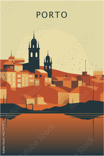 Portugal Lisbon city retro poster with abstract shapes of landmarks, houses, skyline. Vintage travel vector Portuguese cityscape illustration