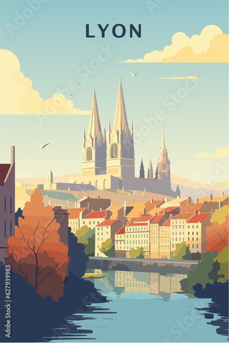 France Lyon retro city poster with abstract shapes of skyline, landmarks and cathedral. Vintage cityscape travel vector illustration of Rhône-Alpes region