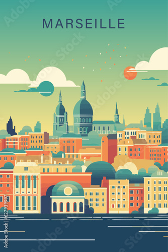 France Marseille retro city poster with abstract shapes of skyline, landmarks and port. Vintage cityscape travel vector illustration of Provence-Alpes-Côte d'Azur