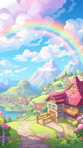 アニメ風　虹がかかった村の風景　Generative AI
