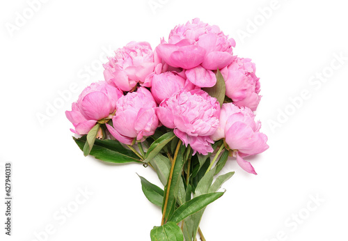 Bouquet of pink peony flowers on white background