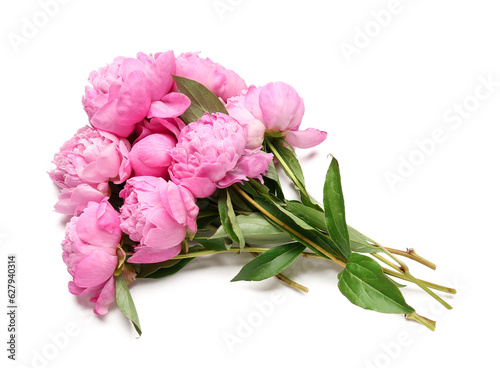 Bouquet of pink peony flowers on white background