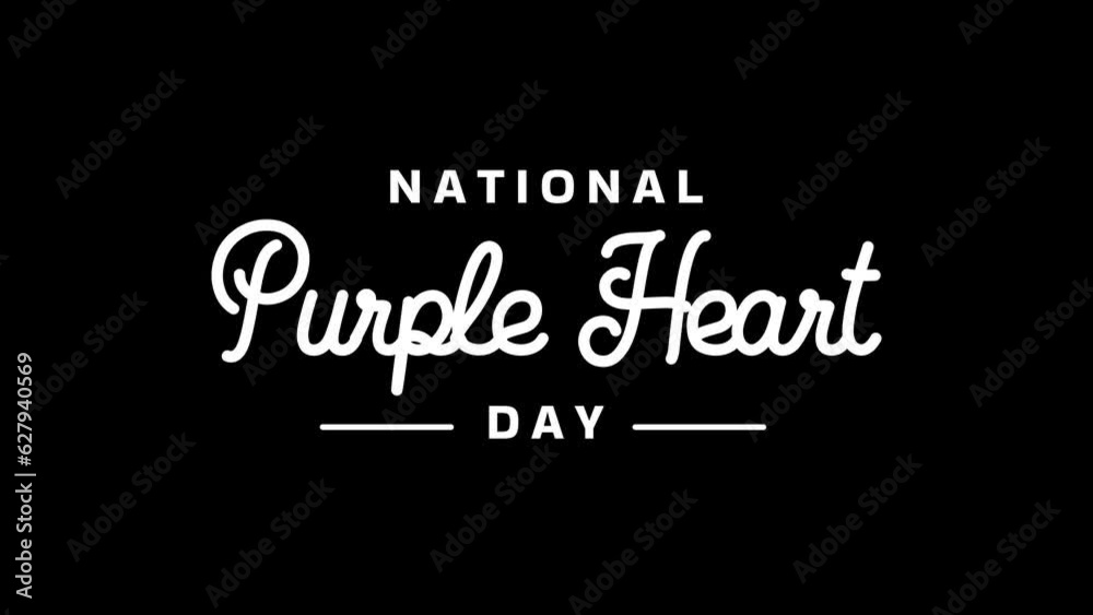 National Purple Heart Day lettering text animation in white color on transparent background alpha channel