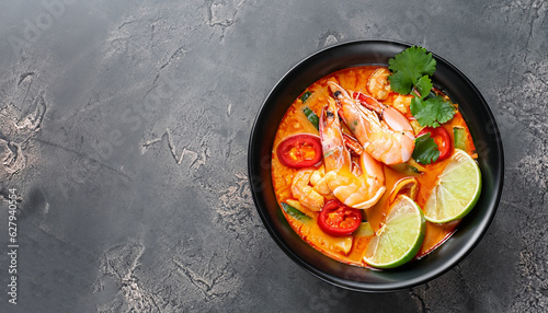 Tom Yam kung Spicy Thai soup with shrimp in a black bowl on a dark stone background, top view, copy space