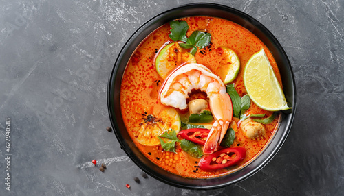 Tom Yam kung Spicy Thai soup with shrimp in a black bowl on a dark stone background, top view, copy space