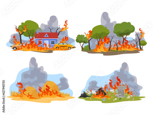 Burning fire flame at open area countryside house forest trash can stack of hay set isometric vector