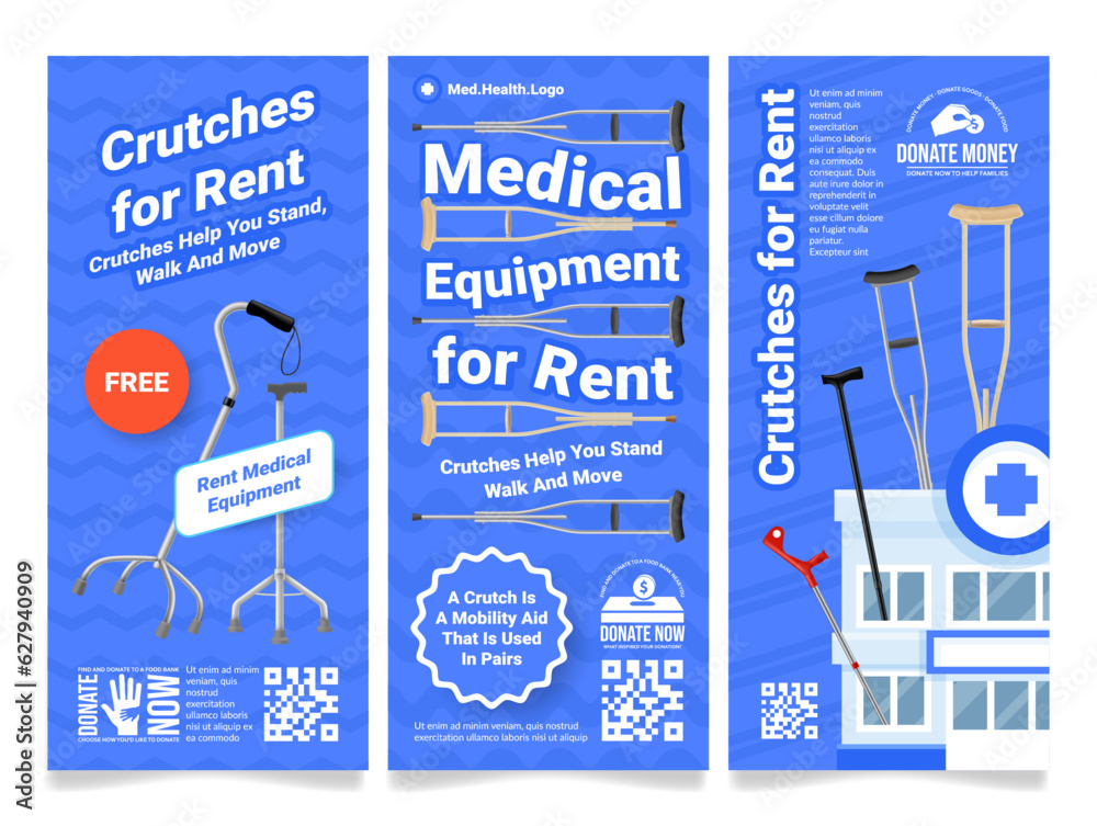 Medical equipment rent free donation crutches flyer promo poster set