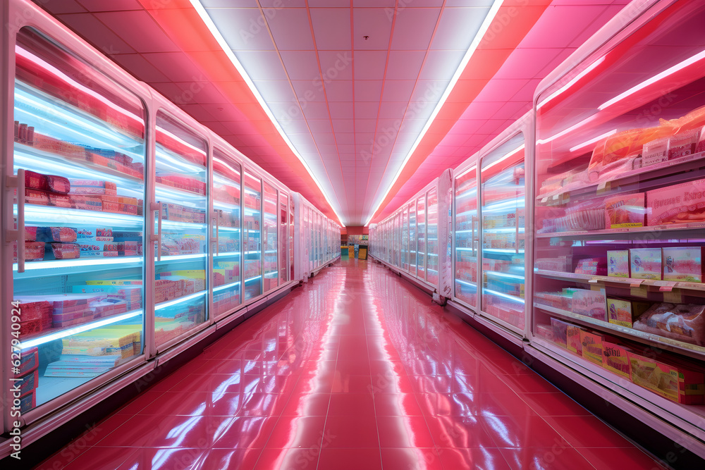 supermarket aisle with pink neon lights
