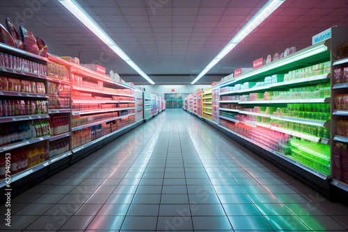 supermarket aisle with neon lights