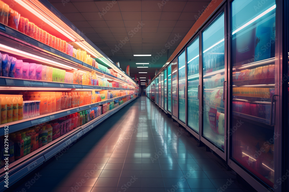 supermarket aisle with neon lights supermarket aisle with neon lights