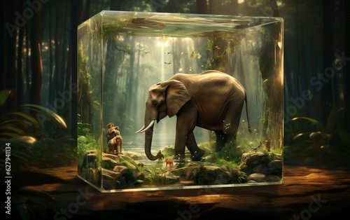 Fotografia An elephant inside a glass cube, created in a surreal style, Generative Ai