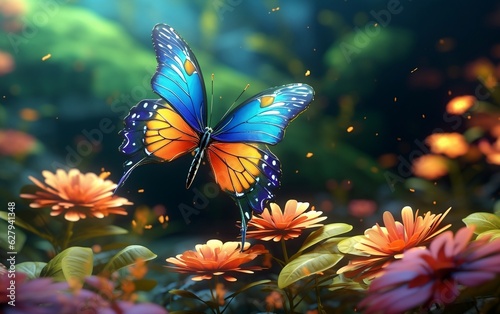 Butterfly in a fairy tale jungle background, Generative Ai