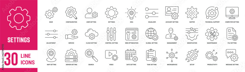 Fototapeta premium Settings thin line icons set. Gear, settings, idea, account, technical support, service, control settings and setup. Vector illustration