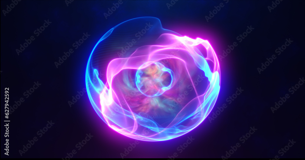 Blue purple energy sphere with glowing bright particles, atom with electrons and elektric magic field scientific futuristic hi-tech abstract background