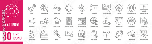 Settings thin line icons set. Gear, settings, idea, account, technical support, service, control settings and setup. Vector illustration