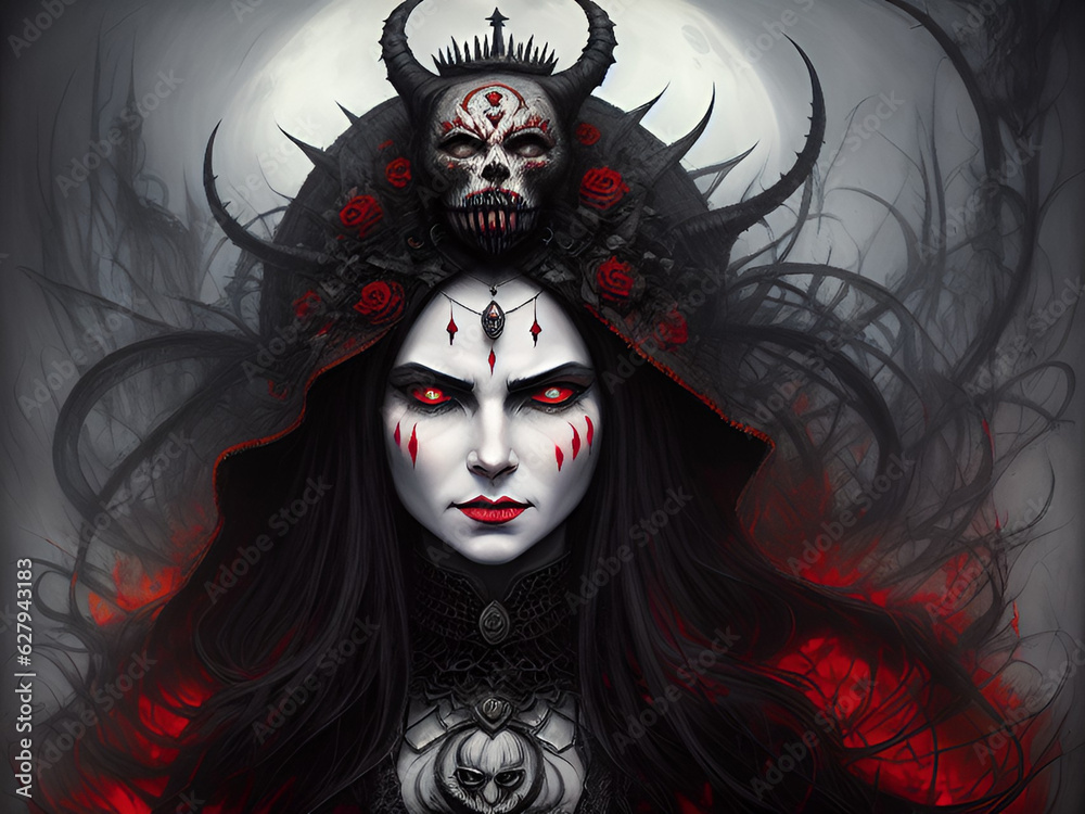 A witch with black and red hair wears a bone crown and heavy, scary witch makeup for Halloween.