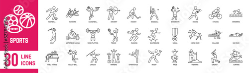 Sports thin line icons set. Football, volleyball, basketball, baseball, soccer, rugby and golf. Vector illustration