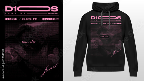 Illustration of soccer player messi, futuristic code effect in illustration, pink color by his current soccer club inter, goat, United States soccer font. major league font.