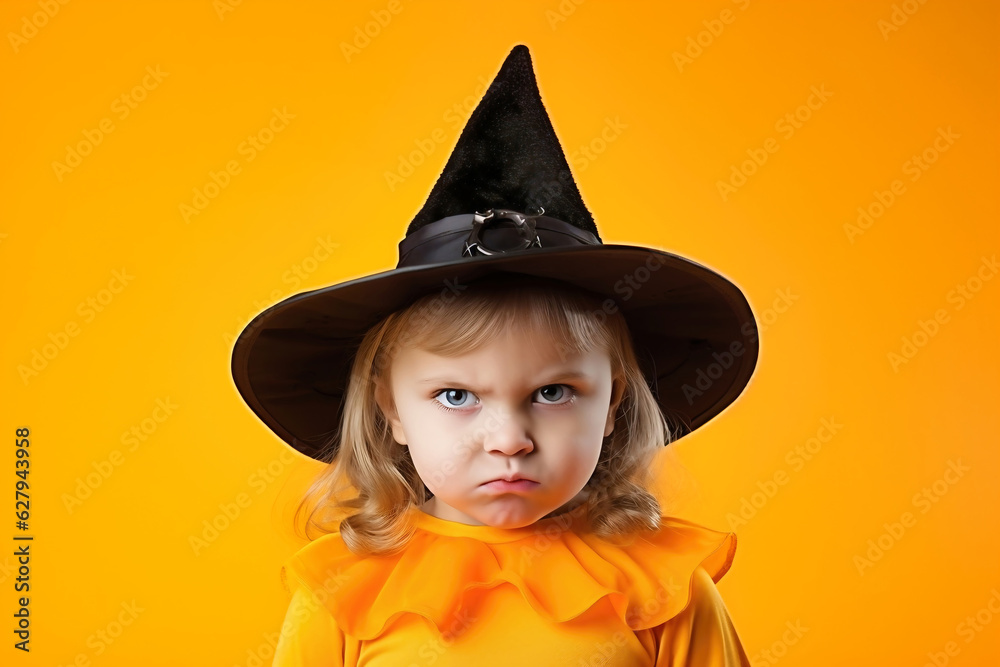 A little girl in a witch or sorceress costume on a yellow-orange background makes a scary face in the celebration of Halloween. A little girl in a witch or sorceress costume on a yellow-orange background makes a scary face in the celebration of Halloween.
