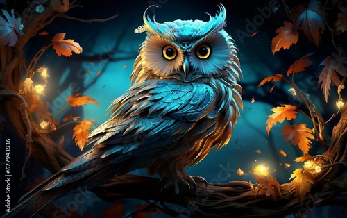 An owl perched on a tree branch in the moonlight, Generative Ai