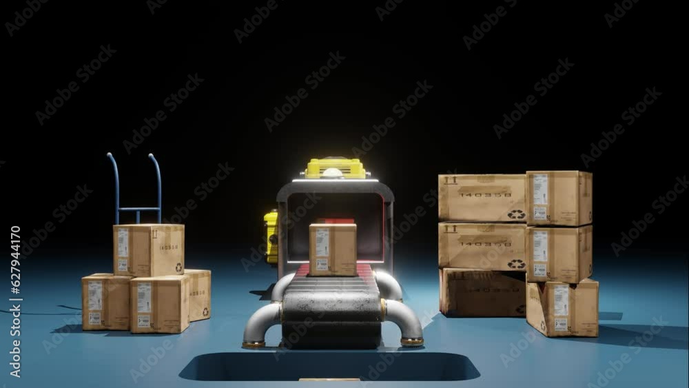 Front View Of A Conveyor Belt Transporting And Dropping Boxes Into A Hole With A Automated Door, Infinite Loop Animation
