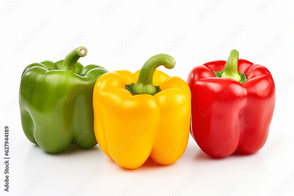 Mix of green, yellow and red bell pepper vegetables on white background. Mix of green, yellow and red bell pepper vegetables on white background.