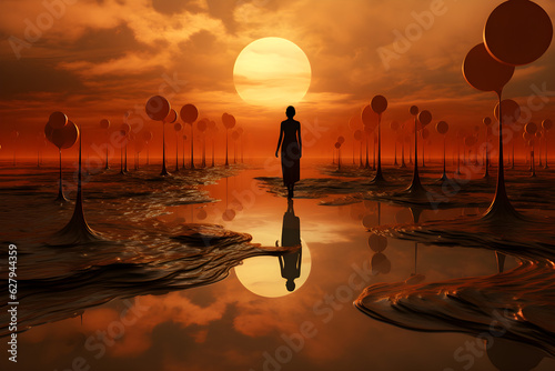 beautiful surreal abstract flooded desert landscape with woman silhouette