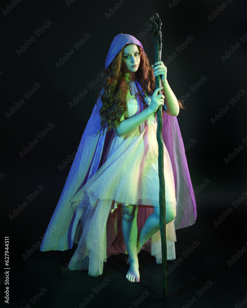 portrait of beautiful brunette woman wearing  a gown with purple fantasy cloak holding a wooden wizard staff, isolated on dark studio background with cinematic colourful lighting.
