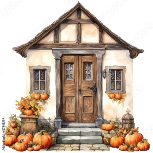 Watercolor Half-Timbered House. Halloween Theme Illustration.