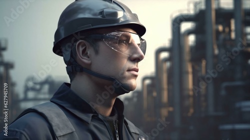 A working engineer in a hard hat stands in front of an oil refinery petrochemical chemical industrial plant with equipment. AI generated © Aliaksandra