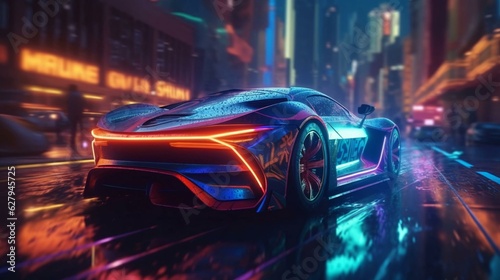 Modern beautiful fast race car sports car is driving fast on the night road with neon rays road. AI generated © Aliaksandra