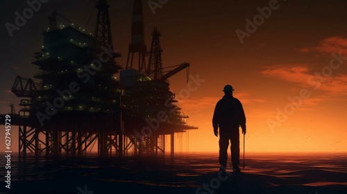 An engineer in a hard hat stands in front of an oil-producing industrial offshore platform. Factory worker with equipment for oil production in the sea and ocean. AI generated
