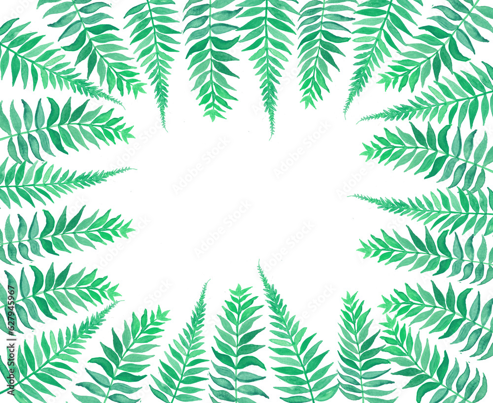 Hand drawn leaves illustration. Botanical frame with green leaves. Spring mood. Floral Design elements. Perfect for invitations, greeting cards, prints, posters, packing etc