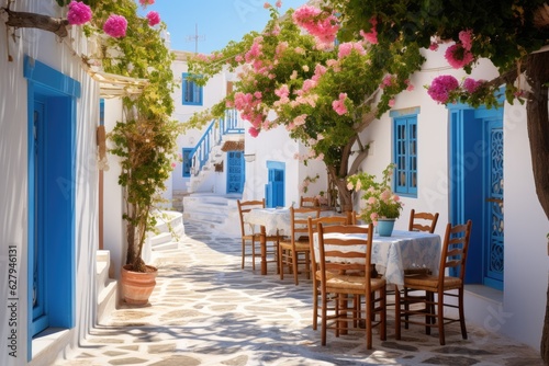 Greek culture with traditional white and blue greek architecture, taverna photo