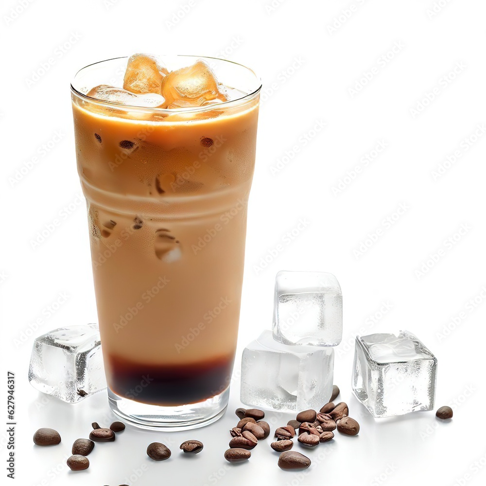 Iced Greek coffee frappe with ice cubes on white background Iced Greek coffee frappe with ice cubes on white background