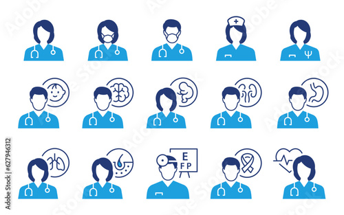 Doctor icons, such as pediatrician, cardiologist, dermatologist, gastroenterologist, pulmonologist and more. © lovemask