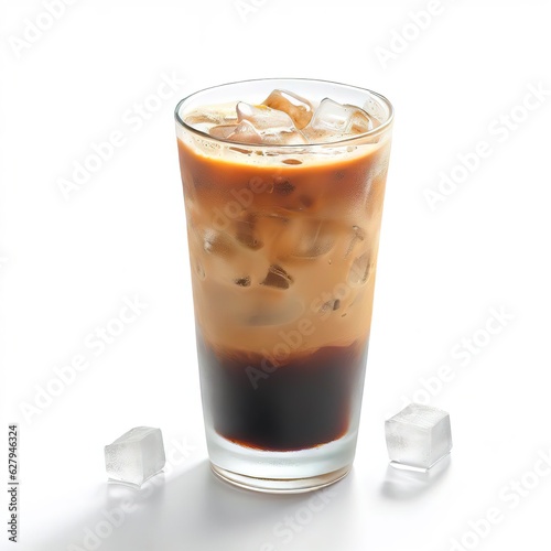 Iced Greek coffee frappe with ice cubes on white background