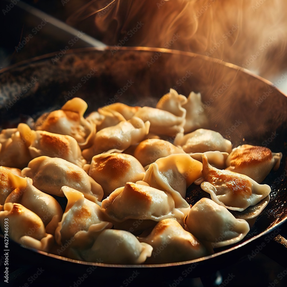 Stuffed dumplings fried in a pan. Delicious traditional dish. Stuffed dumplings fried in a pan. Delicious traditional dish.