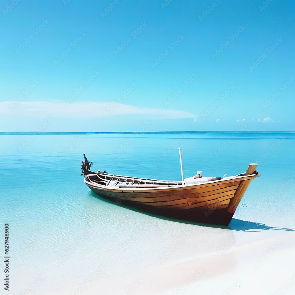 Wooden boat parked on the sea, white beach on a clear blue sky, blue sea Wooden boat parked on the sea, white beach on a clear blue sky, blue sea