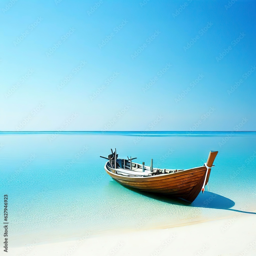 Wooden boat parked on the sea, white beach on a clear blue sky, blue sea