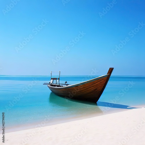 Wooden boat parked on the sea, white beach on a clear blue sky, blue sea © Lupu