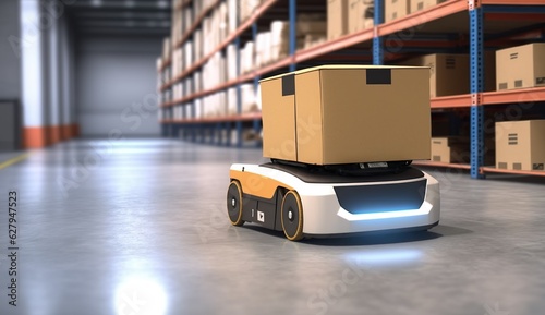 Automatic Guided Vehicle Robot bring box package delivery in warehouse