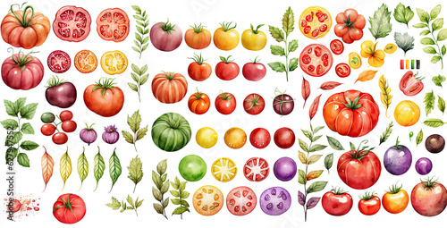 Set of Tomato watercolor collection of hand drawn   Tomato Green and yellow color   Tomato elegant watercolor   isolated transparent background  PNG.