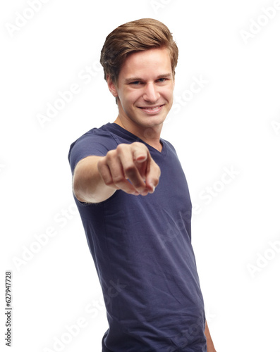 Happy pointing and portrait of a man with you gesture and decision with confidence. Selection, recruitment and person with smile from choice and agreement isolated on a transparent, png background