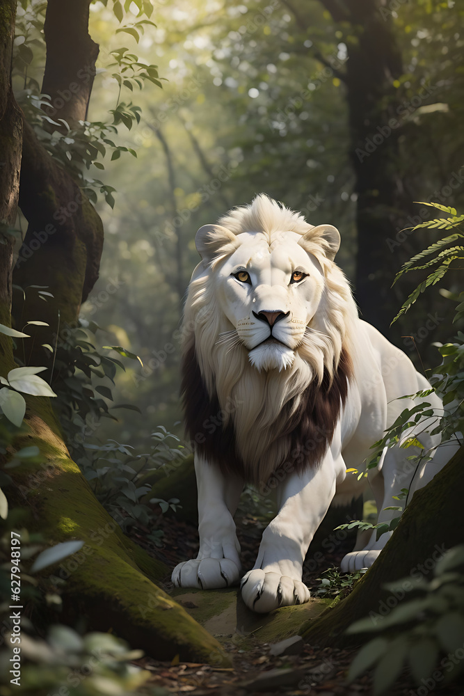 Naklejka premium A white lion in a forest This image is generated with the use of an AI